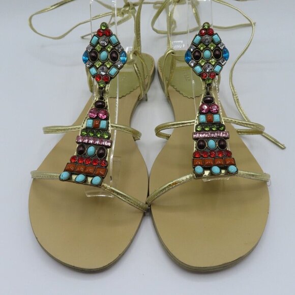 Express Womens 9 Lace Up Gladiator Flat Sandals Multicolor Rhinestone Gems Gold - Picture 2 of 9